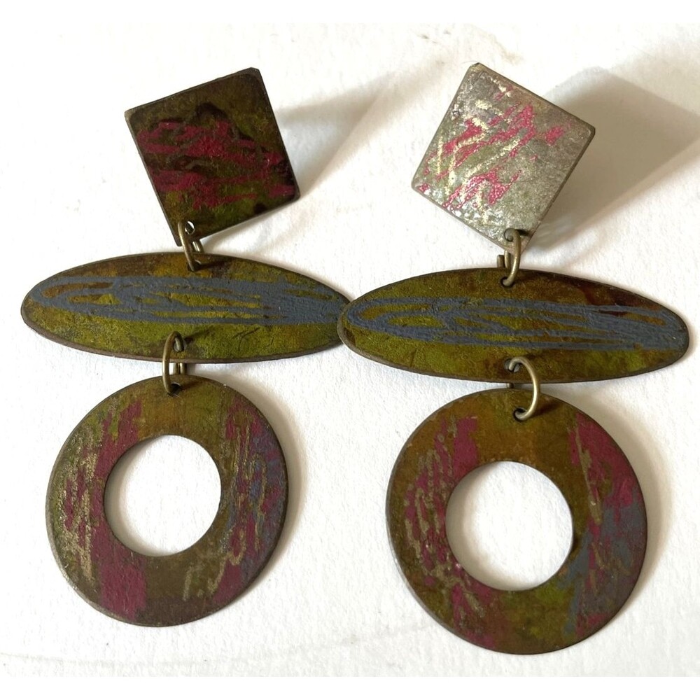 Artsy Eclectic Earrings Dangle Rustic Brass